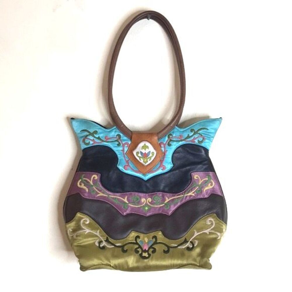 OOVOO silk and leather hand embroidered shoulder bag tote purse